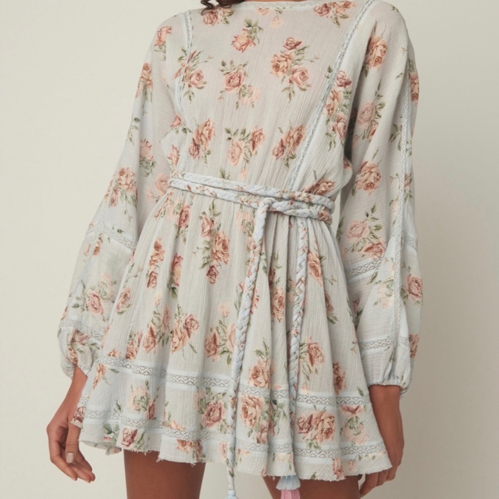 LoveShackFancy Noelle Floral Tassel Dress in Blue Periwinkle